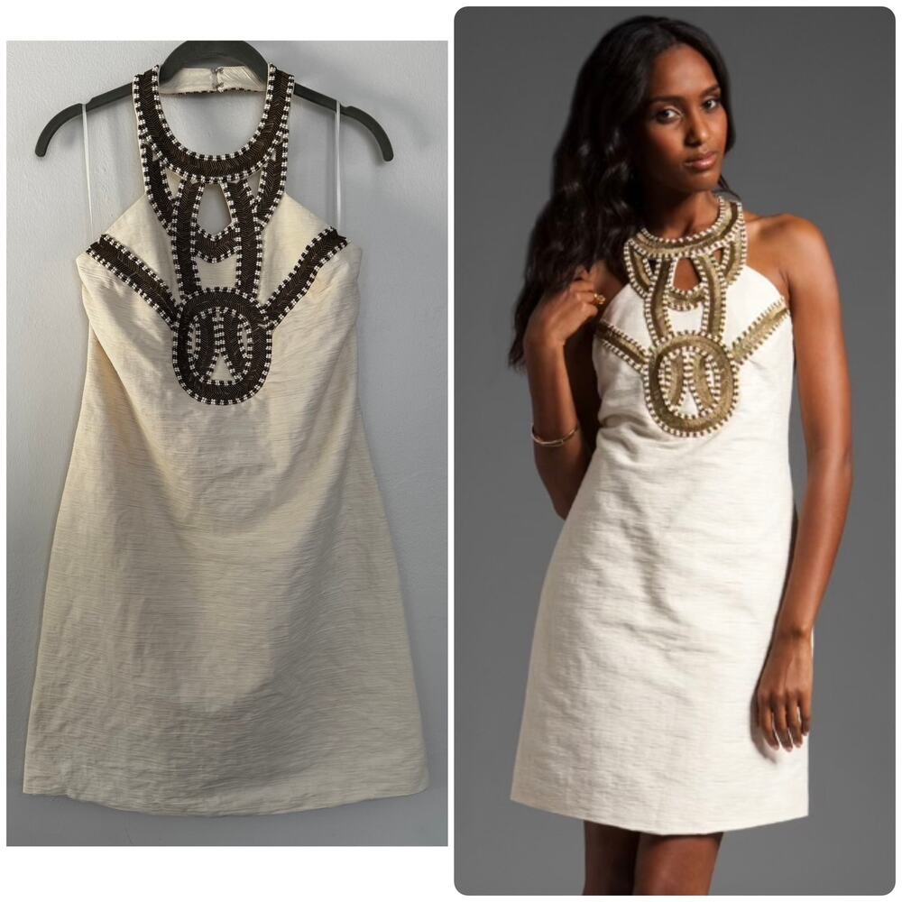 Trina Turk Nubia Shift Dress in Ivory with Beaded Choker Neckline
